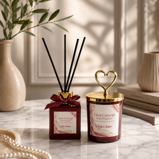 Heart Headed Gold Detailed Room Fragrance and Burgundy Candle Set 100 ml