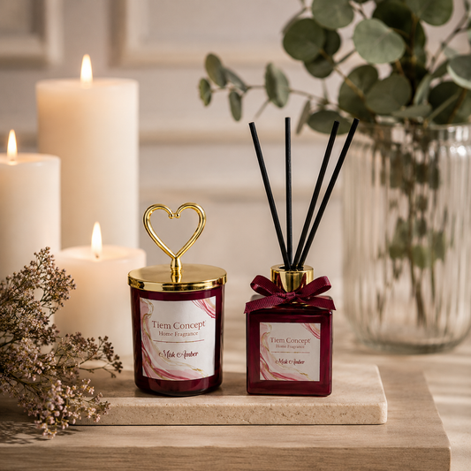 Heart Silver Headed Amber Scented Claret Red Glass Candle and Room Fragrance Set 100 ml