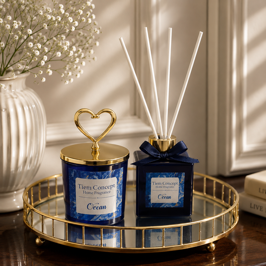 Heart Gold Headed Ocean Scented Navy Blue Glass Candle and Room Fragrance Set 100 ml
