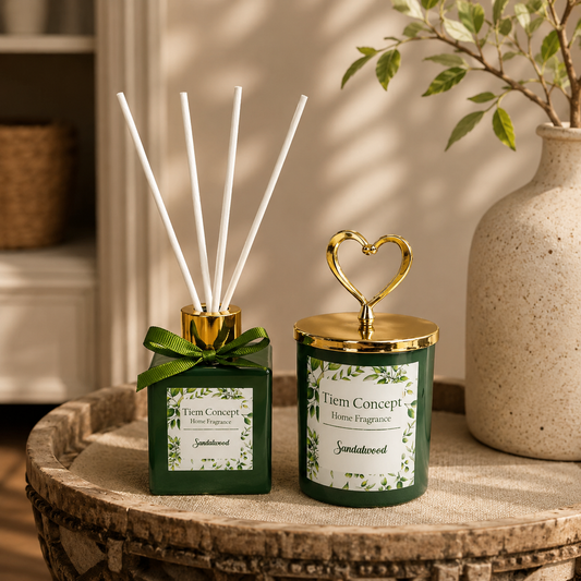 Heart Gold Headed Sandalwood Scented Green Glass Candle and Room Fragrance Set 100 ml