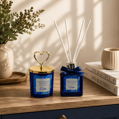 Heart Silver Head Ocean Scented Navy Blue Glass Candle and Room Fragrance Set 100 ml
