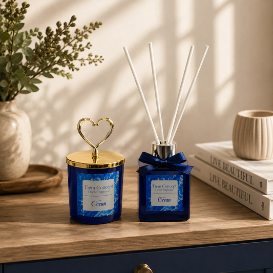 Heart Silver Head Ocean Scented Navy Blue Glass Candle and Room Fragrance Set 100 ml