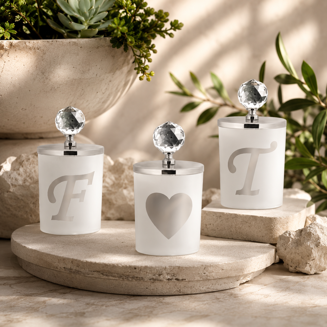 Tiem Concept Decorative Personalized Initial Vanilla Silver Crystal 3-Piece Glass Candle Set