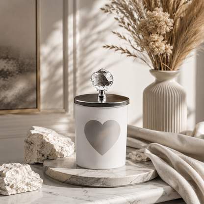 Tiem Concept Special Design Heart Vanilla Scented Silver Crystal Top White Glass Candle