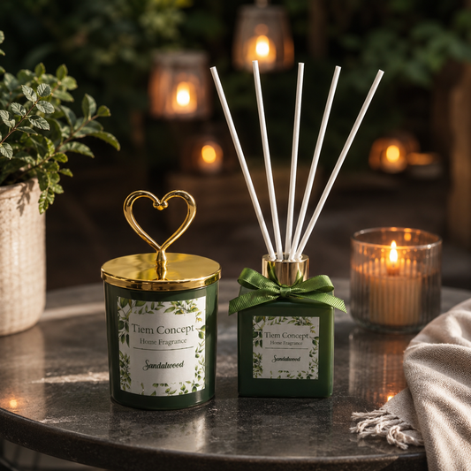 Heart Silver Head Sandalwood Scented Green Glass Candle and Room Fragrance Set 100 ml