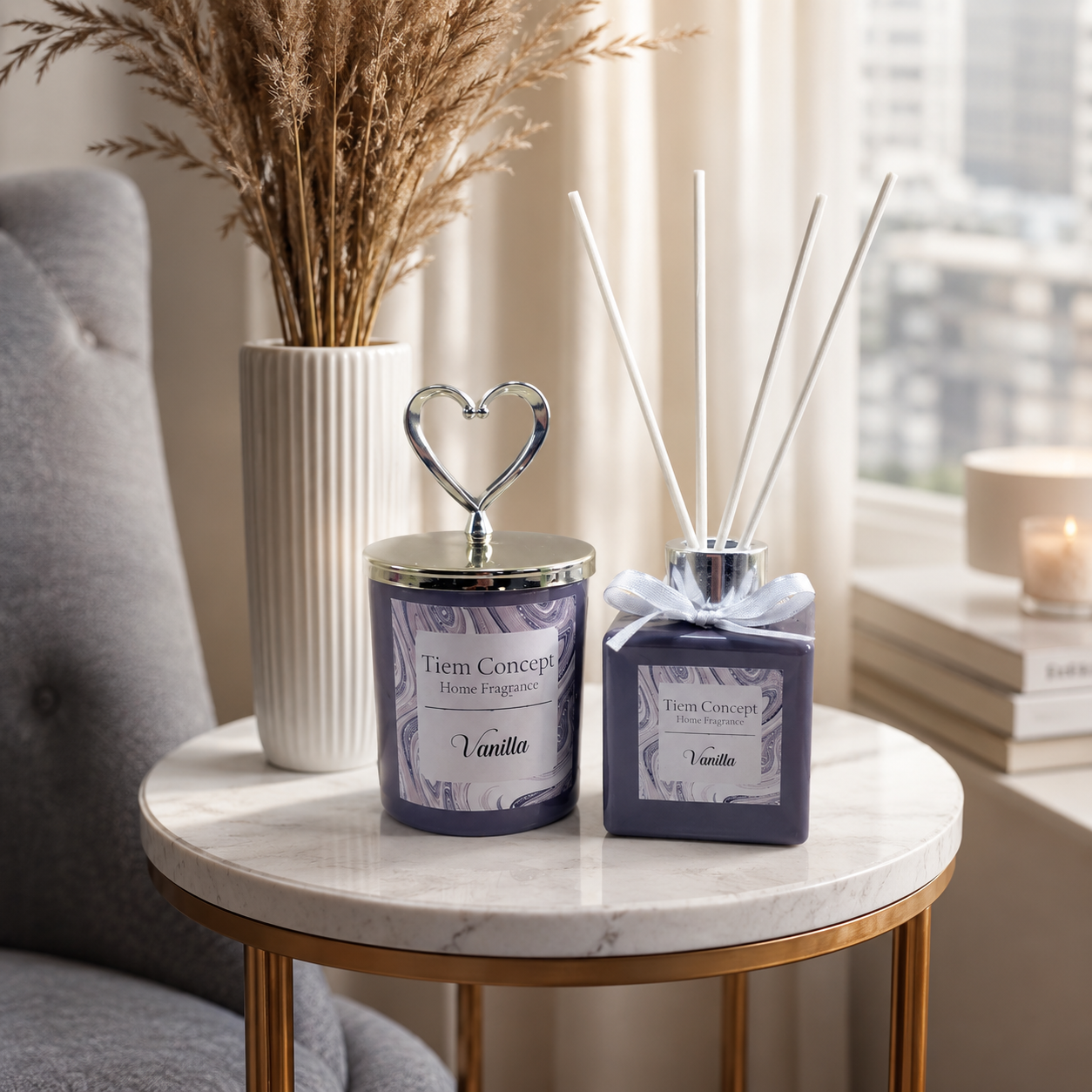 Heart Silver Head Vanilla Scented Gray Glass Candle and Room Fragrance Set 100 ml