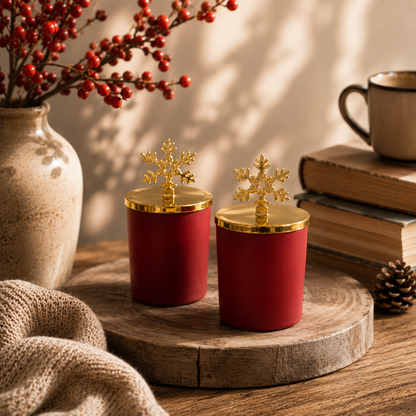 Tiem Concept Decorative Special Design Gold Snowflake Top Amber Scented 2-Piece Claret Red Glass Candle Set