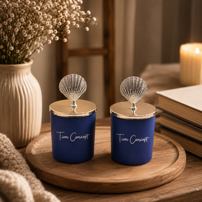 Tiem Concept Decorative Silver Seashell Top Ocean Scented 2-Piece Navy Blue Glass Candle Set