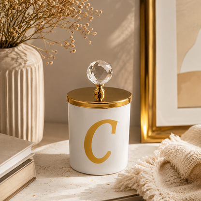 Tiem Concept Special Design L Letter Vanilla Scented Gold Crystal Top White Glass Candle