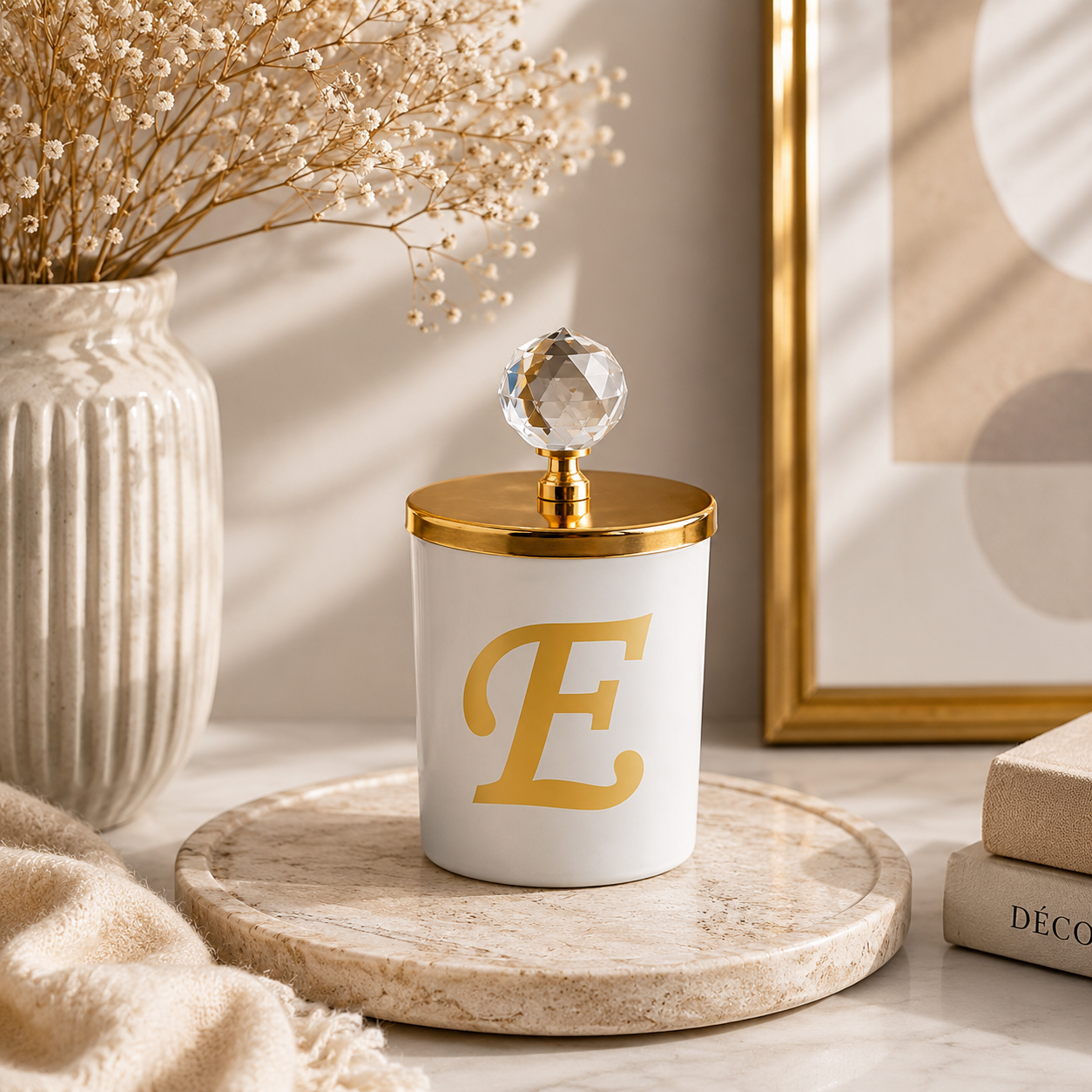 Tiem Concept Special Design E Letter Vanilla Scented Gold Crystal Top White Glass Candle
