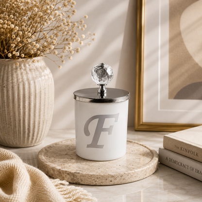 Tiem Concept Special Design F Letter Vanilla Scented Silver Crystal Top White Glass Candle