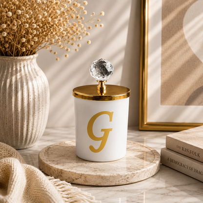 Tiem Concept Special Design L Letter Vanilla Scented Gold Crystal Top White Glass Candle