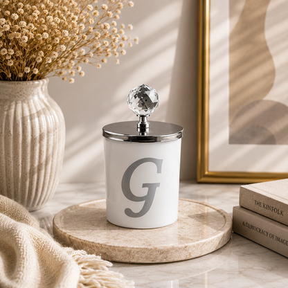 Tiem Concept Special Design G Letter Vanilla Scented Silver Crystal Top White Glass Candle