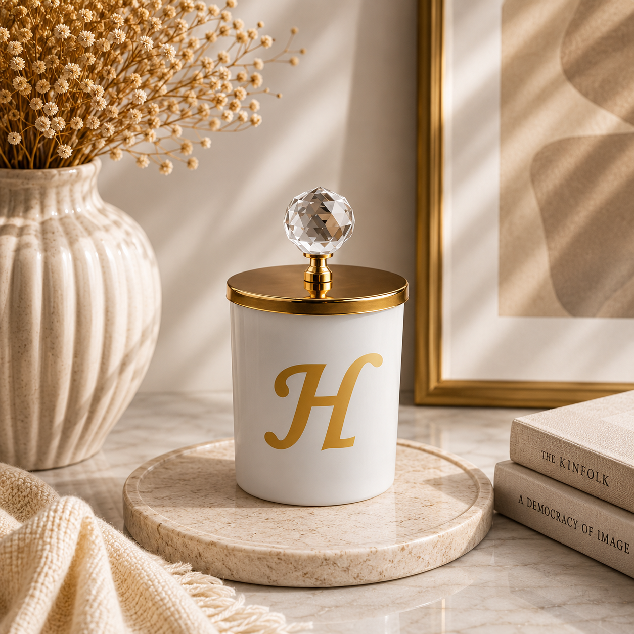 Tiem Concept Special Design H Letter Vanilla Scented Gold Crystal Top White Glass Candle