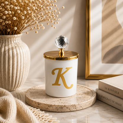Tiem Concept Special Design L Letter Vanilla Scented Gold Crystal Top White Glass Candle