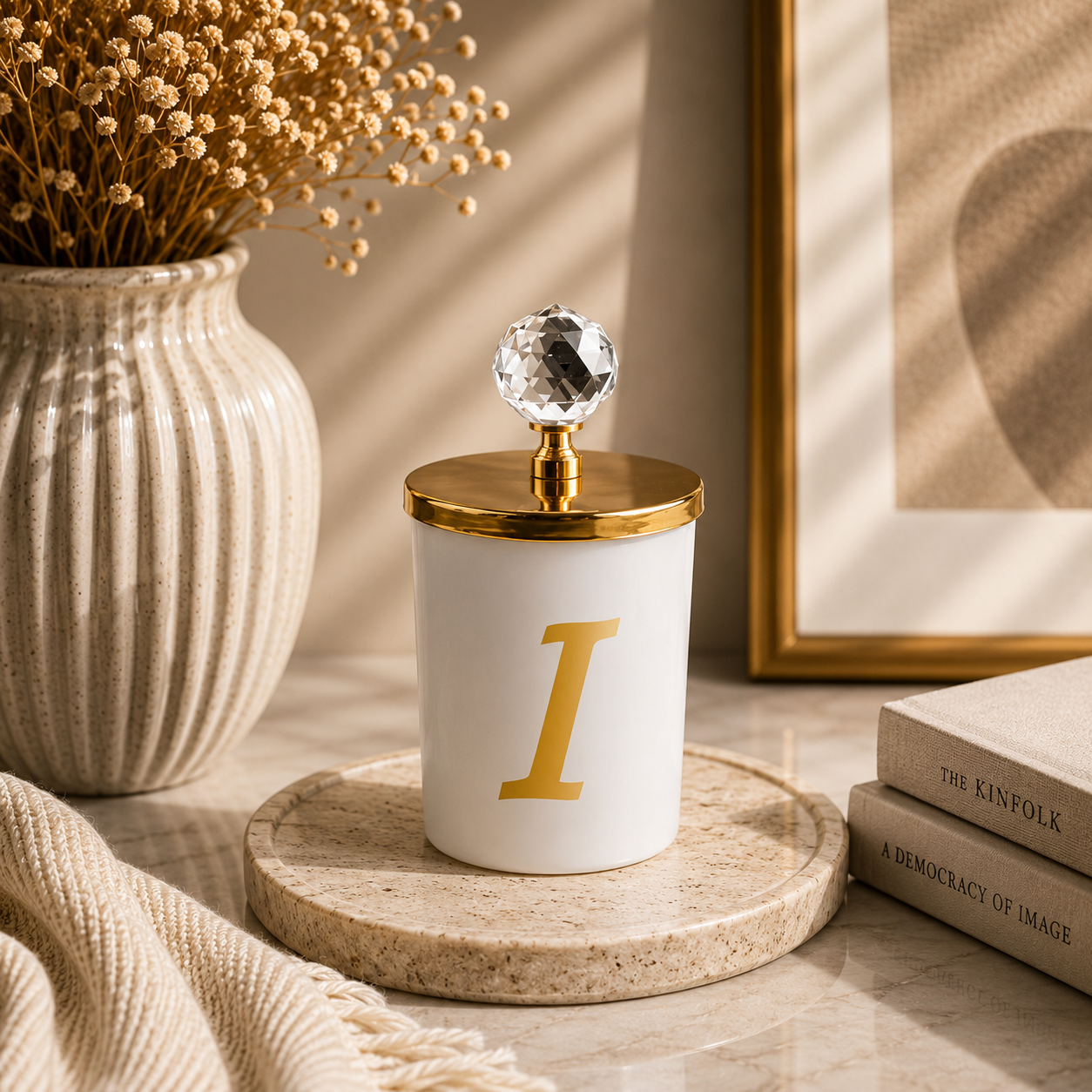 Tiem Concept Special Design L Letter Vanilla Scented Gold Crystal Top White Glass Candle