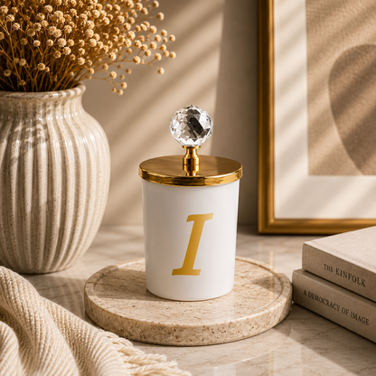 Tiem Concept Special Design L Letter Vanilla Scented Gold Crystal Top White Glass Candle