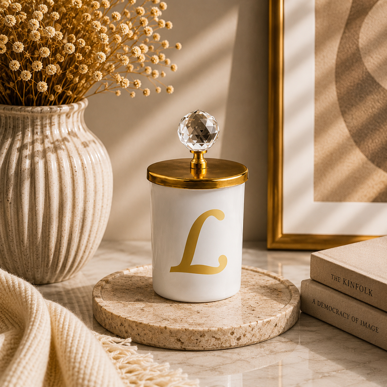 Tiem Concept Special Design L Letter Vanilla Scented Gold Crystal Top White Glass Candle