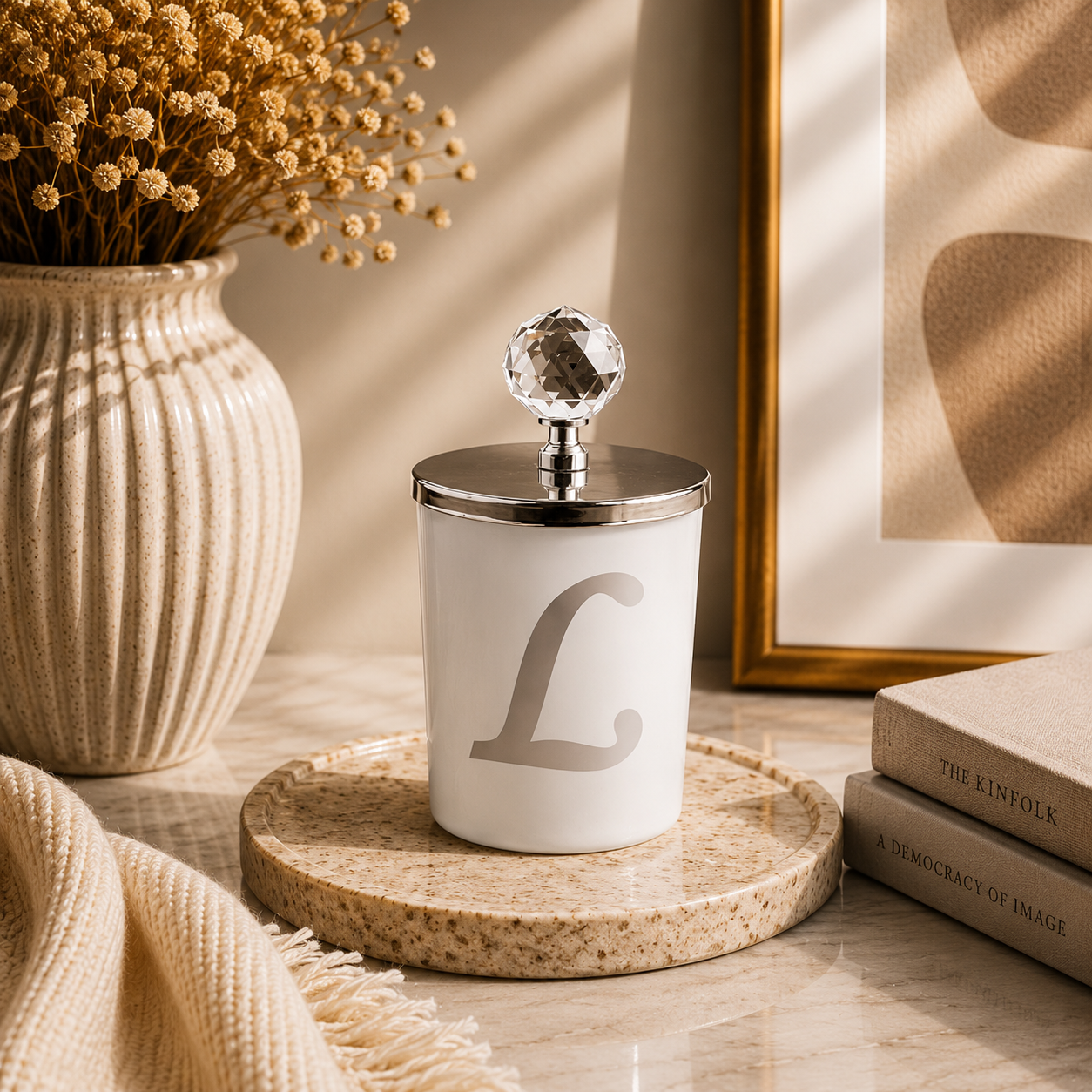 Tiem Concept Special Design L Letter Vanilla Scented Silver Crystal Top White Glass Candle