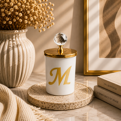 Tiem Concept Special Design L Letter Vanilla Scented Gold Crystal Top White Glass Candle