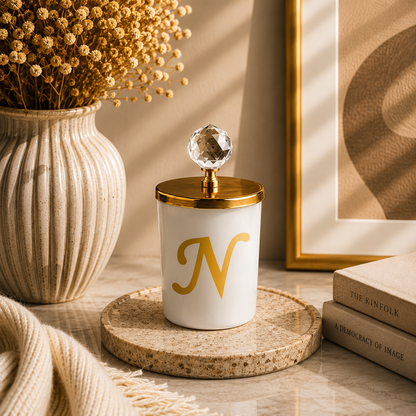 Tiem Concept Special Design L Letter Vanilla Scented Gold Crystal Top White Glass Candle