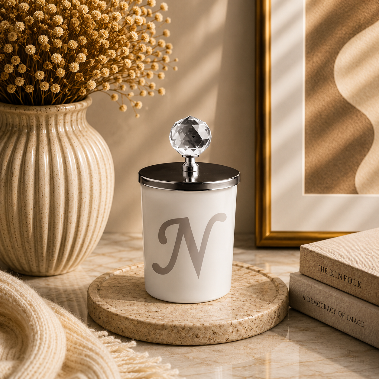Tiem Concept Special Design L Letter Vanilla Scented Gold Crystal Top White Glass Candle