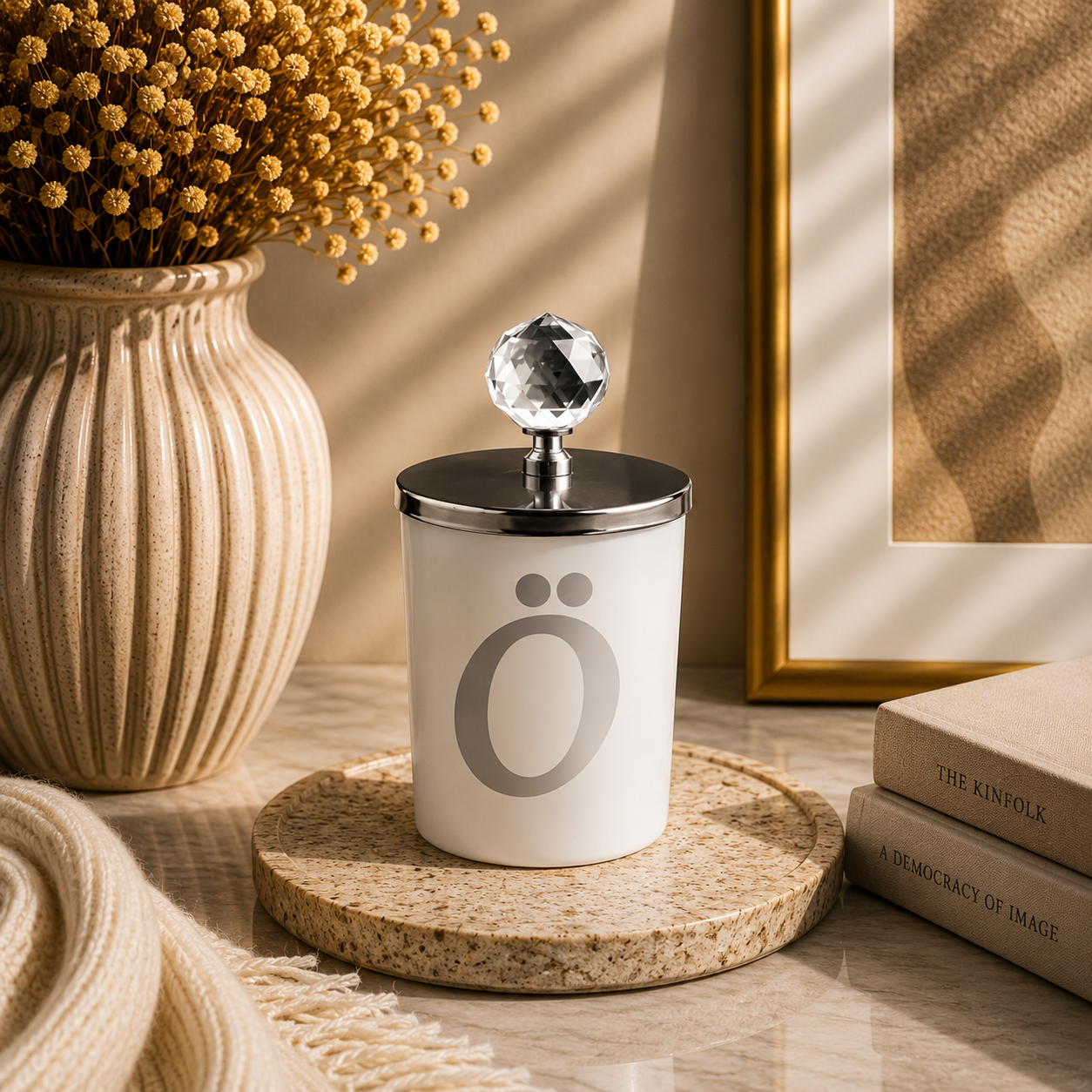 Tiem Concept Special Design L Letter Vanilla Scented Gold Crystal Top White Glass Candle