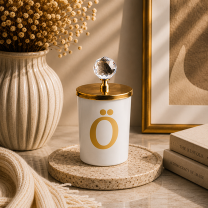 Tiem Concept Special Design L Letter Vanilla Scented Gold Crystal Top White Glass Candle