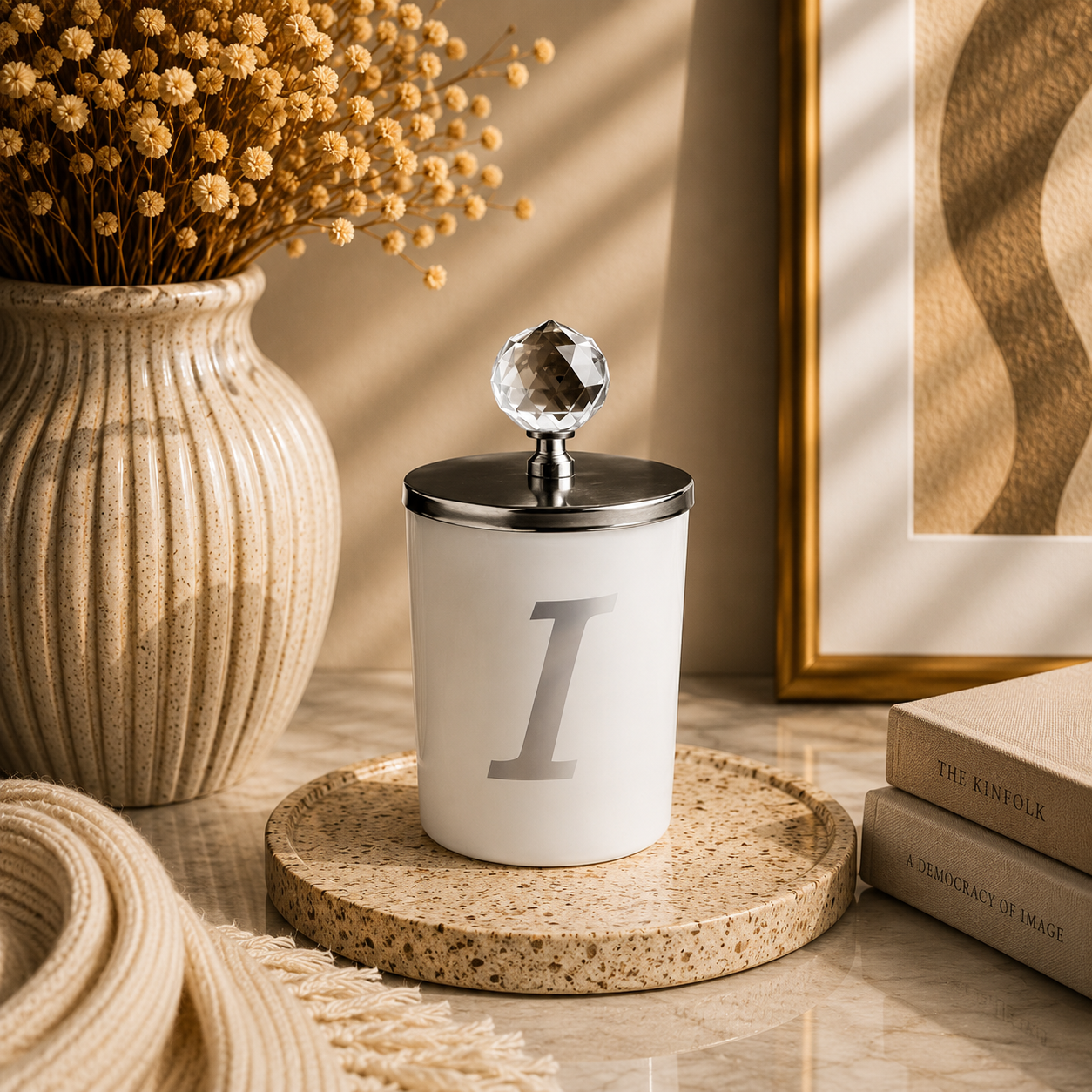 Tiem Concept Special Design L Letter Vanilla Scented Gold Crystal Top White Glass Candle