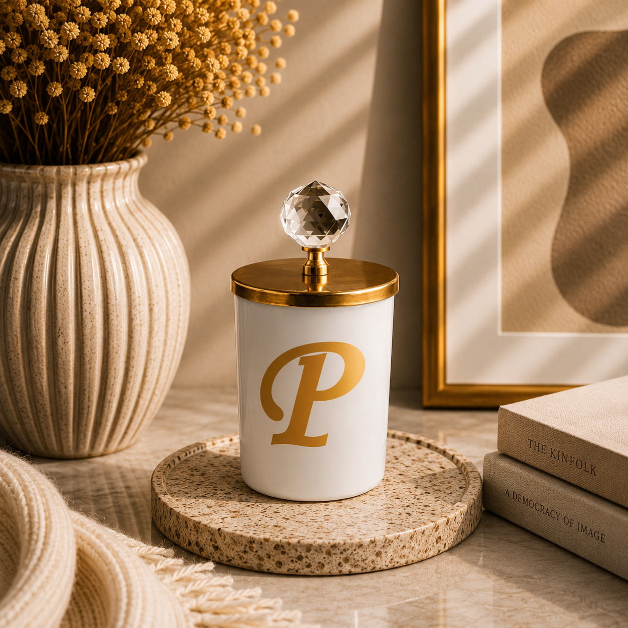 Tiem Concept Special Design L Letter Vanilla Scented Gold Crystal Top White Glass Candle