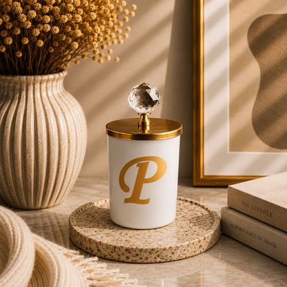 Tiem Concept Special Design L Letter Vanilla Scented Gold Crystal Top White Glass Candle