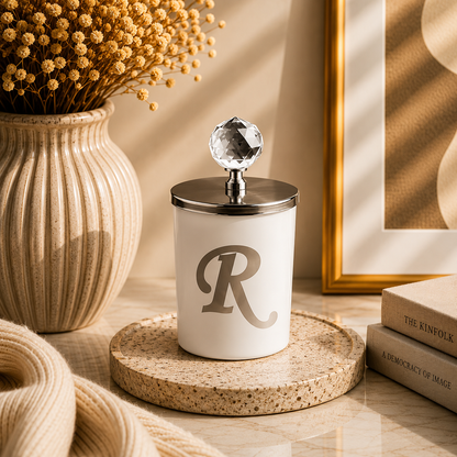 Tiem Concept Special Design L Letter Vanilla Scented Gold Crystal Top White Glass Candle