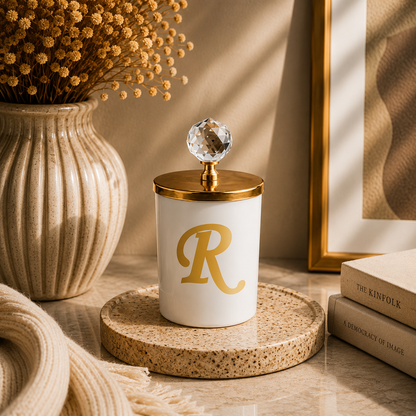 Tiem Concept Special Design L Letter Vanilla Scented Gold Crystal Top White Glass Candle
