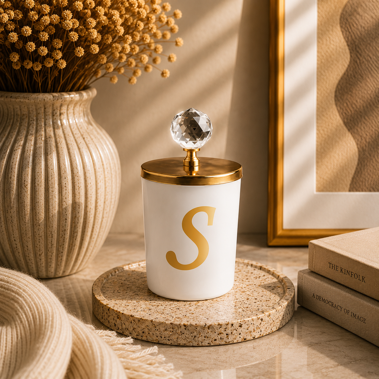 Tiem Concept Special Design L Letter Vanilla Scented Gold Crystal Top White Glass Candle