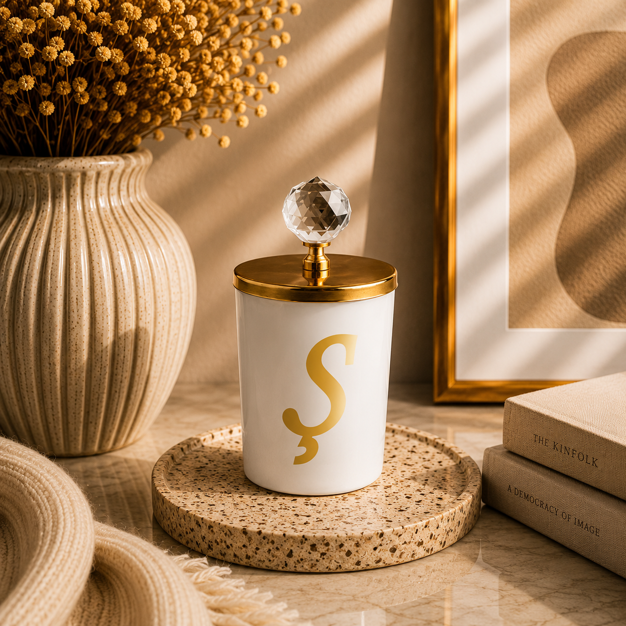 Tiem Concept Special Design L Letter Vanilla Scented Gold Crystal Top White Glass Candle