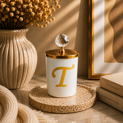 Tiem Concept Special Design L Letter Vanilla Scented Gold Crystal Top White Glass Candle