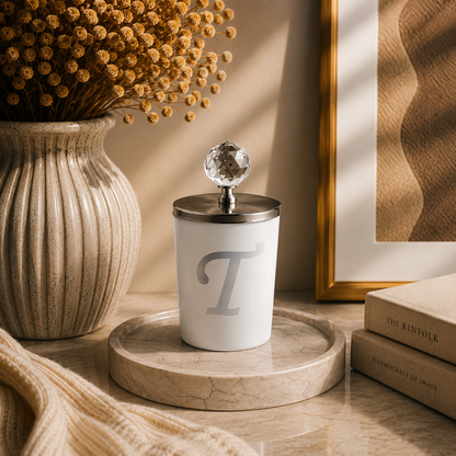 Tiem Concept Special Design L Letter Vanilla Scented Gold Crystal Top White Glass Candle