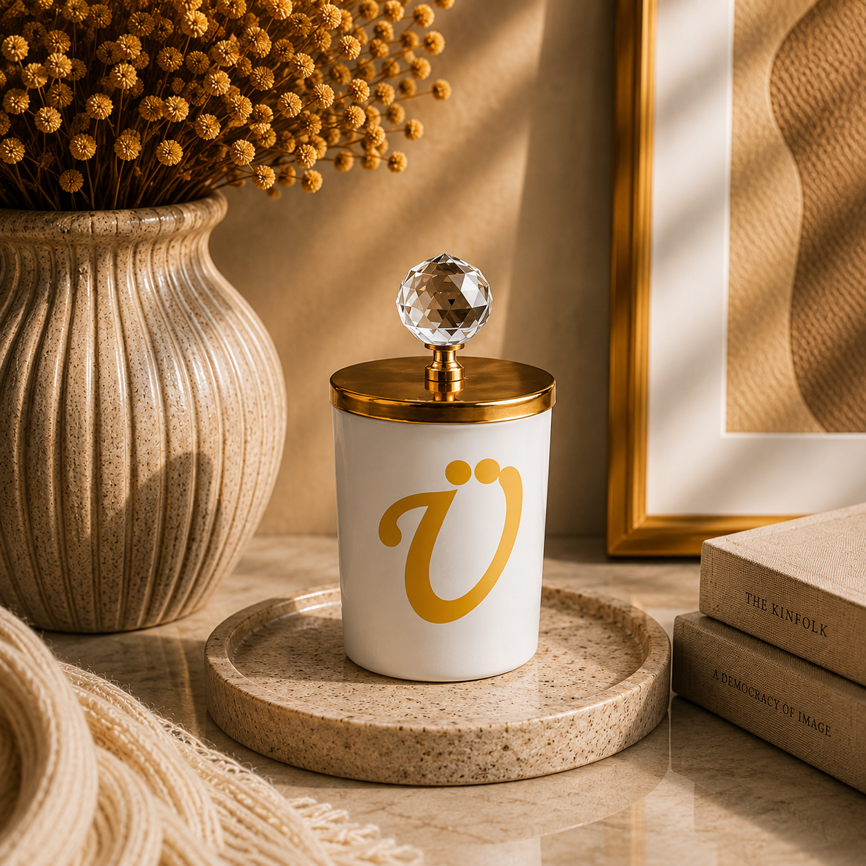 Tiem Concept Special Design L Letter Vanilla Scented Gold Crystal Top White Glass Candle