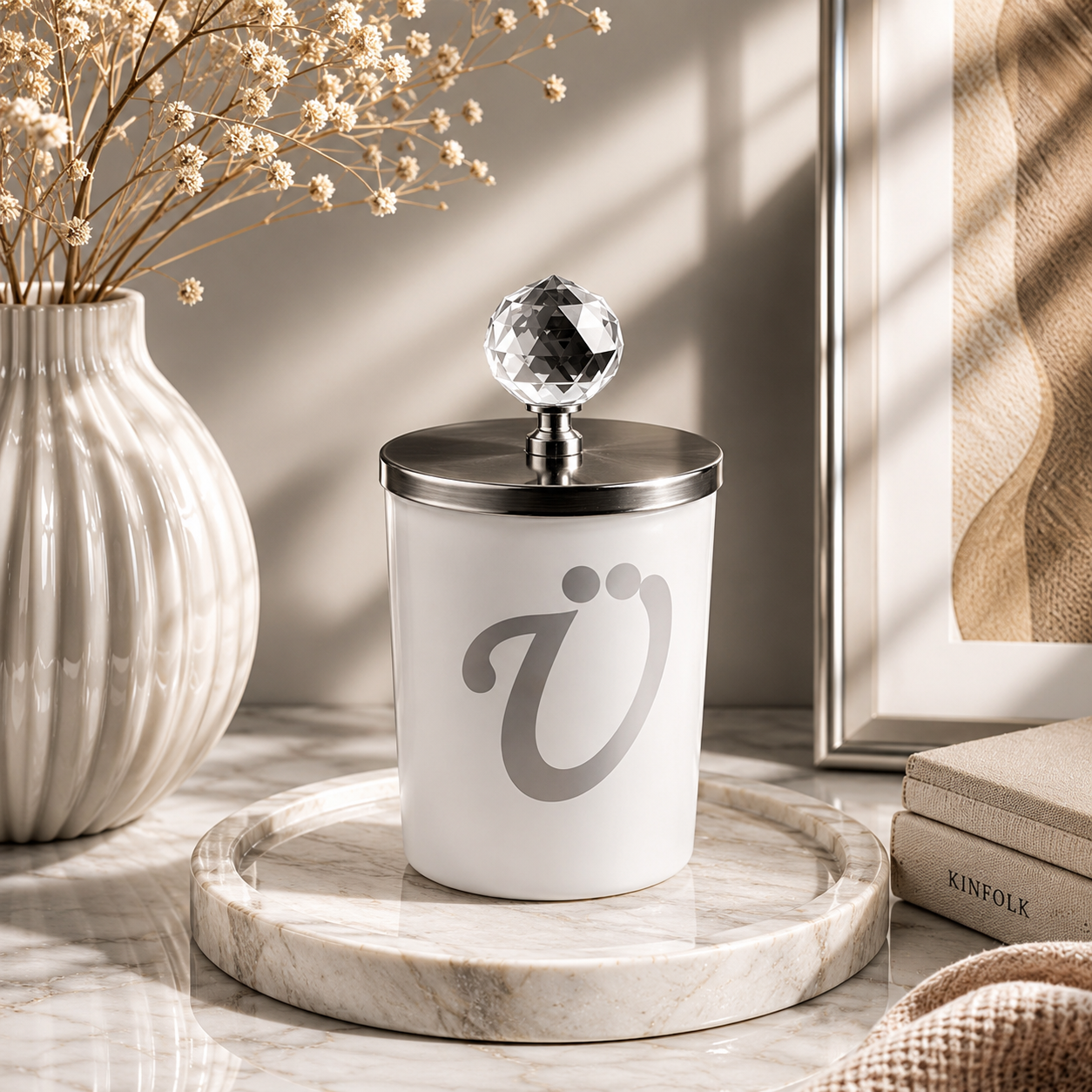Tiem Concept Special Design L Letter Vanilla Scented Gold Crystal Top White Glass Candle