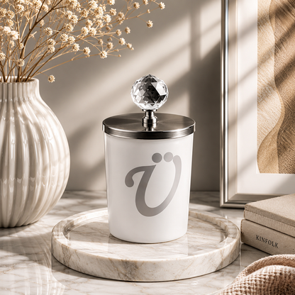 Tiem Concept Special Design L Letter Vanilla Scented Gold Crystal Top White Glass Candle