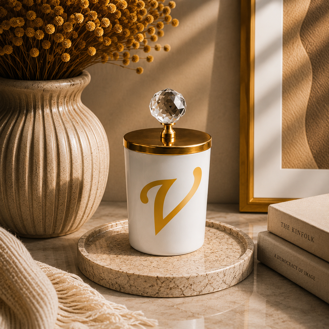 Tiem Concept Special Design L Letter Vanilla Scented Gold Crystal Top White Glass Candle