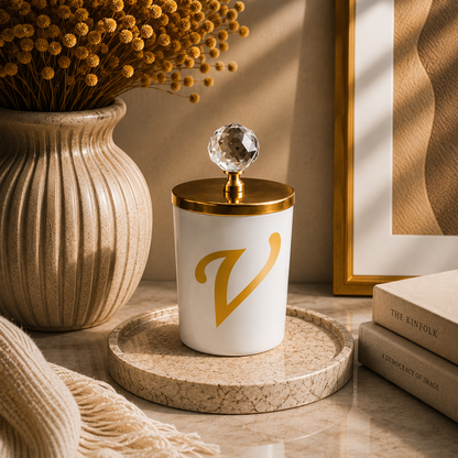 Tiem Concept Special Design L Letter Vanilla Scented Gold Crystal Top White Glass Candle