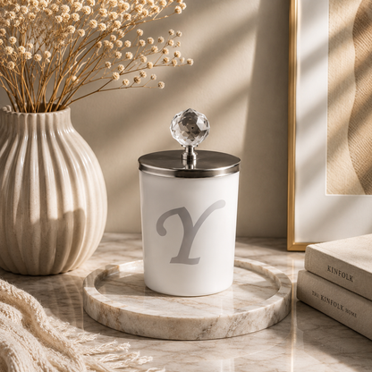 Tiem Concept Special Design L Letter Vanilla Scented Gold Crystal Top White Glass Candle