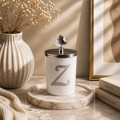 Tiem Concept Special Design L Letter Vanilla Scented Gold Crystal Top White Glass Candle