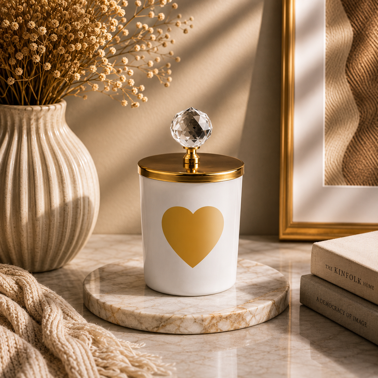 Tiem Concept Special Design L Letter Vanilla Scented Gold Crystal Top White Glass Candle