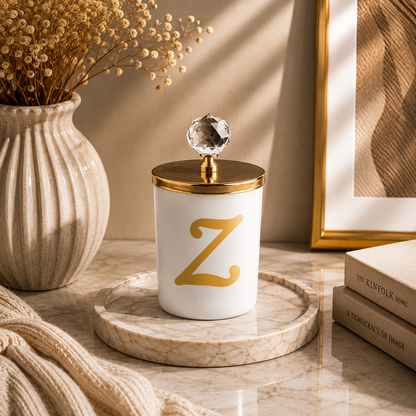 Tiem Concept Special Design L Letter Vanilla Scented Gold Crystal Top White Glass Candle