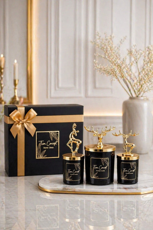 New Year Decorative Special Design Black Boxed Vanilla Scented Gold Deer Top 3-Piece Glass Candle Set