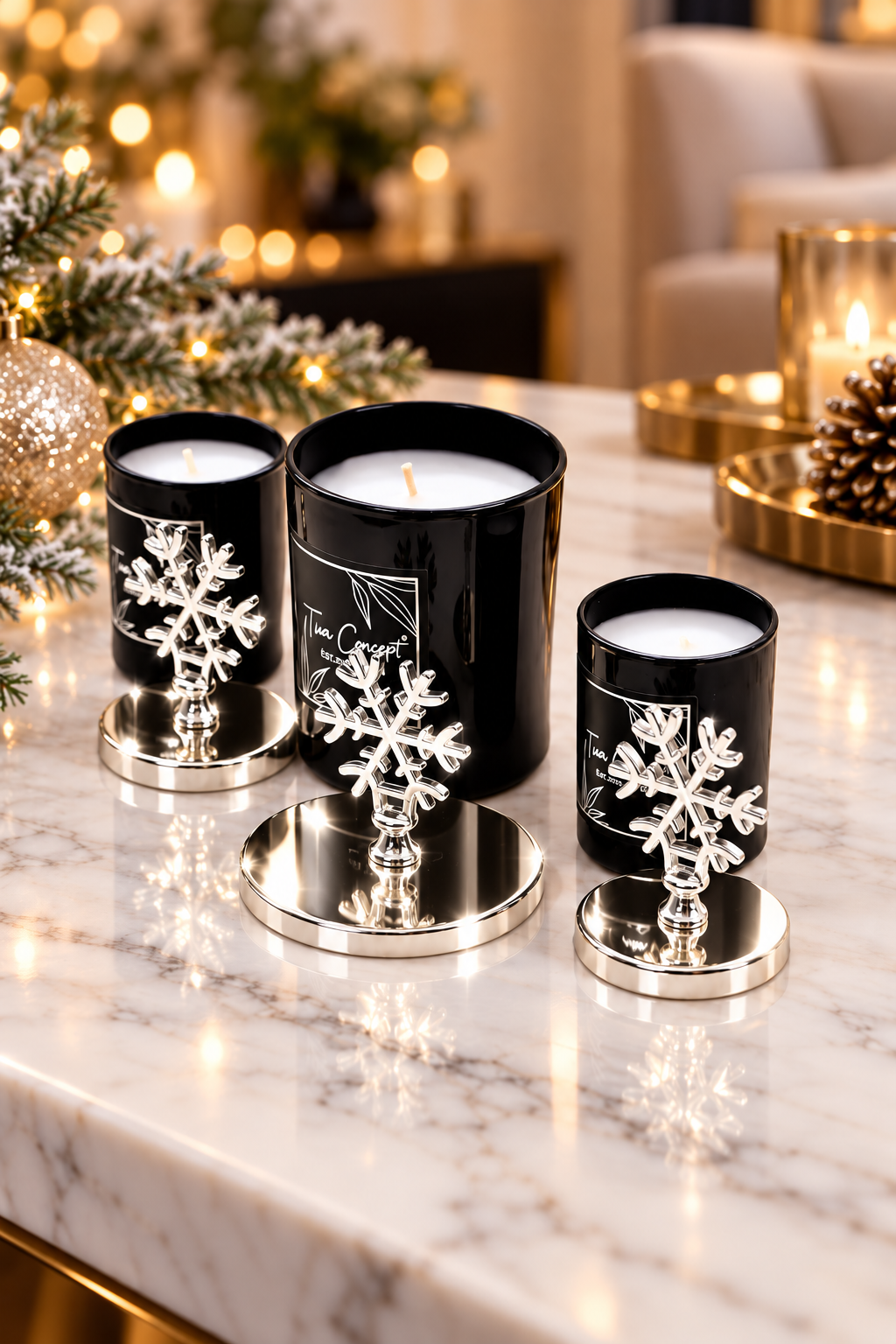 Tiem Concept Decorative Special Design Silver Snowflake Vanilla Scented 3-Piece Black Glass Candle Set