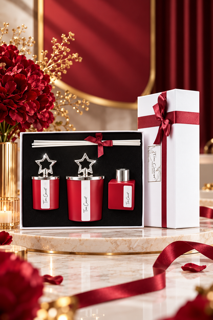 Tiem Concept Special Design Boxed Amber Scented Silver Top 3 Glass Candle and Room Fragrance Set