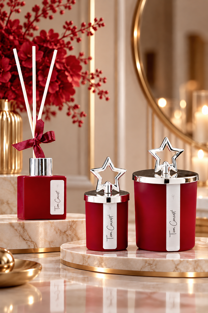 Tiem Concept Special Design Boxed Amber Scented Silver Top 3 Glass Candle and Room Fragrance Set